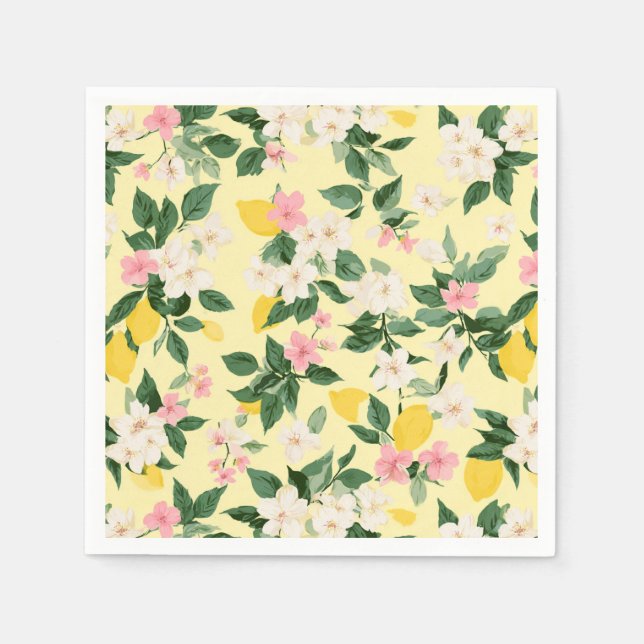 Serviette En Papier Motif vintage citron et fleurs sur jaune (Devant)