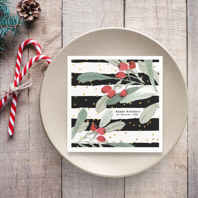 Serviette En Papier Motifs botaniques festifs de Noël rayures or (Créateur téléchargé)
