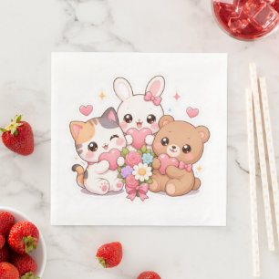 Serviette En Papier Mouchoir en papier Kawaii Animal Friends Hearts&Fl