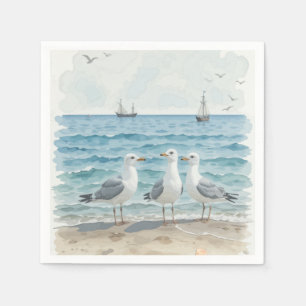 Serviette En Papier Mouettes d'aquarelle à la plage Océan côtier