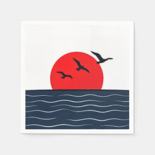 Serviette En Papier Mouettes sur Soleil Rouge avec Océan