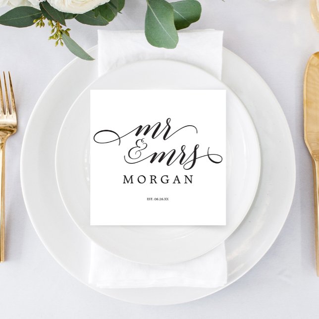 Serviette En Papier Mr & Mrs Classic Script Mariage Cocktail Napkin (Créateur téléchargé)