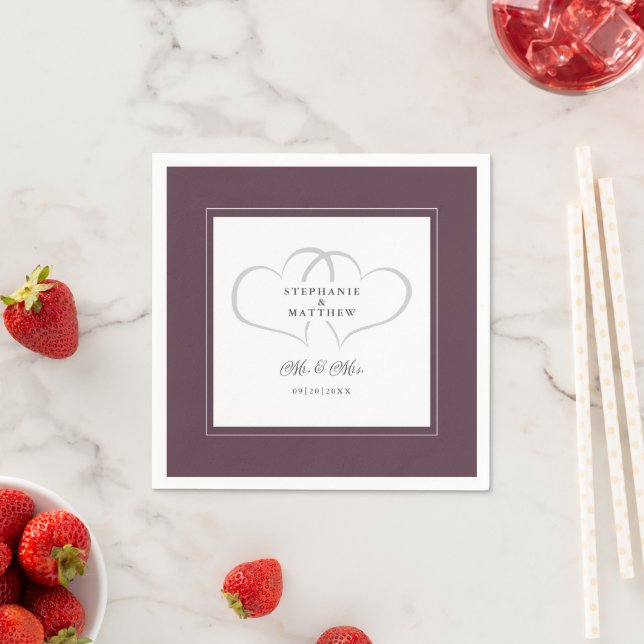 Serviette En Papier Mr & Mrs Couple Purple Mariage Élégant Coeurs Chic (En situation)