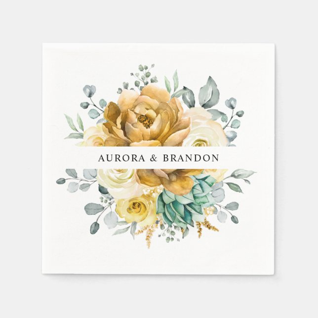 Serviette En Papier Mustard Jaune Floral Sage Vert Mariage moderne (Devant)