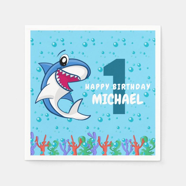 Serviette En Papier Naissance du requin Premier Anniversaire Ocean Kid (Devant)