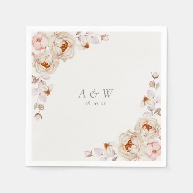 Serviette En Papier Napkin mariage avec pivoines et Roses (Devant)