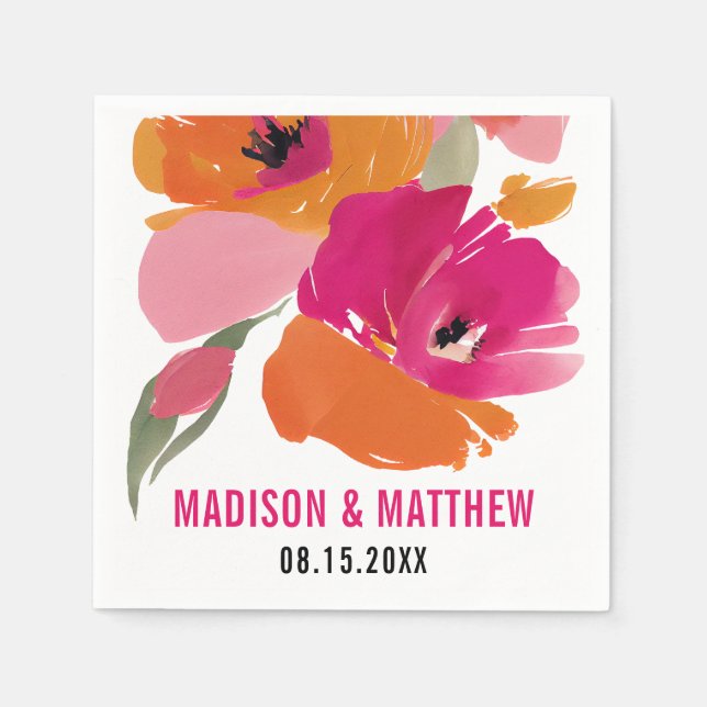 Serviette En Papier Napkin Mariage floral personnalisable - Noms et Da (Devant)