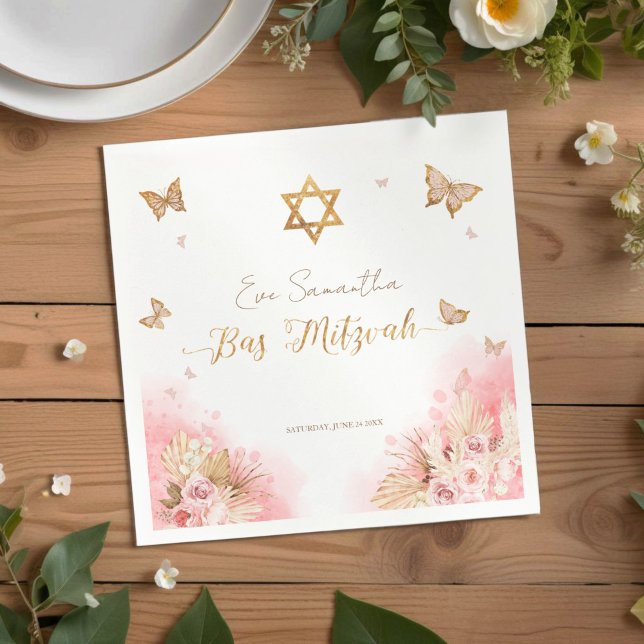 Serviette En Papier Napkins bat mitzvah | Papillons de poche rose (Créateur téléchargé)