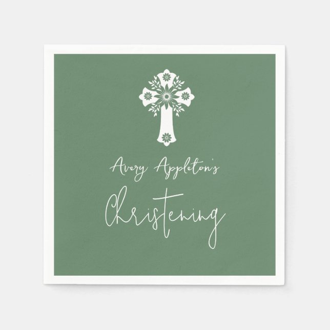 Serviette En Papier Napkins Floral Cross Christening Fern Green (Devant)