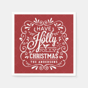 Serviette En Papier Napkins Holly Jolly Christmas Chalk Art Red Paper