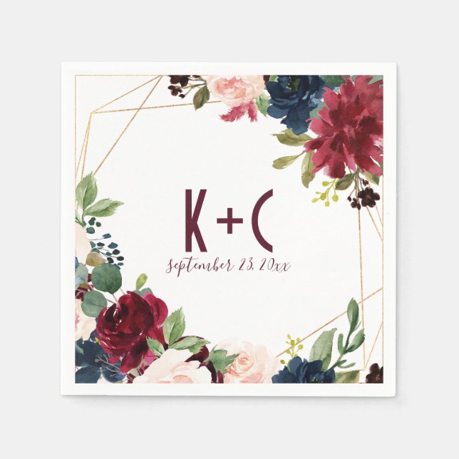 Serviette En Papier Napkins mariage | Bourgogne et marine Floral Géomé (Devant)