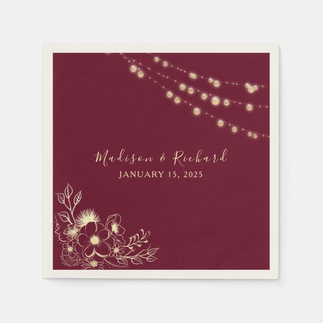 Serviette En Papier Naples de Mariage Floral d'or de Bourgogne (Devant)