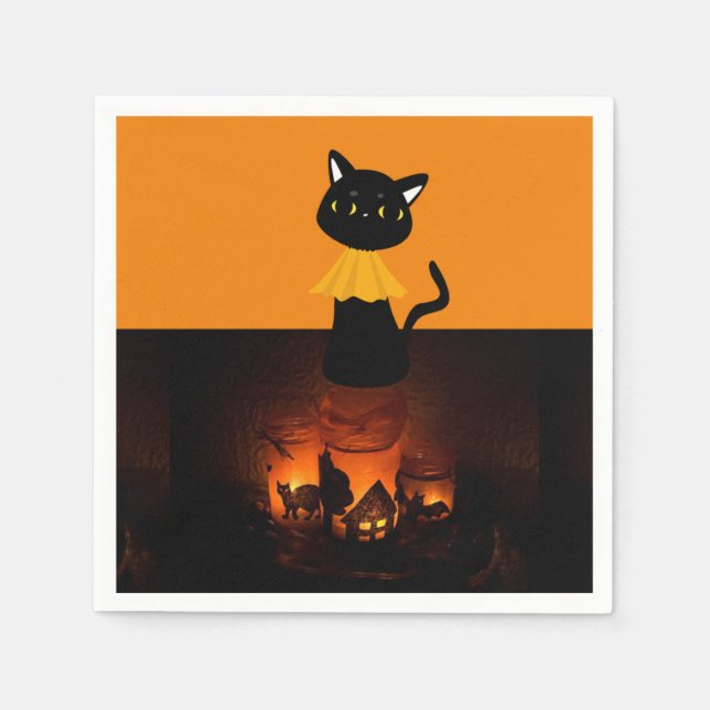 Serviette En Papier Naples en papier d'Halloween, chat noir (Devant)