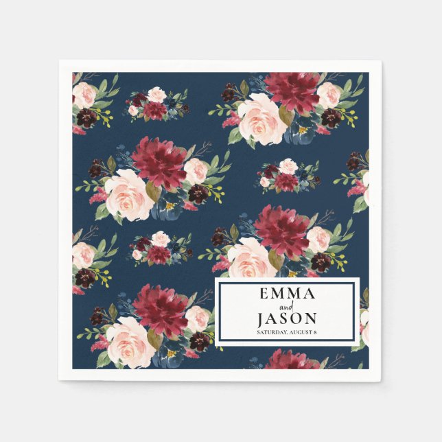 Serviette En Papier Naples Mariage Floral Burgundy de la marine de Boh (Devant)