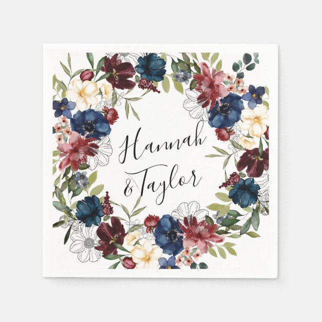 Serviette En Papier Naples Mariage Floral de la marine de Bourgogne (Devant)