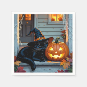 Serviette En Papier Nappage de chat noir sur Halloween Citrouille