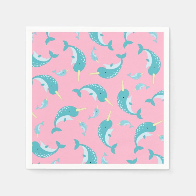 Serviette En Papier Narwhal Baby shower rose fille baleine (Devant)