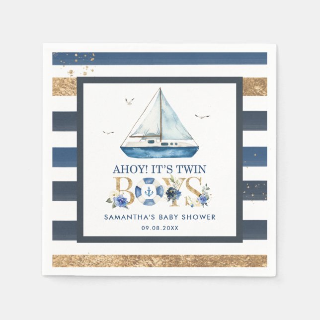 Serviette En Papier Nautical Blue Boat Ahoy C'est Twin Boys Baby showe (Devant)