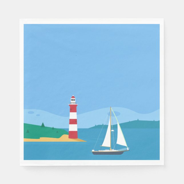 Serviette En Papier Nautical Blue Sailboat & Lighthouse Party (Devant)
