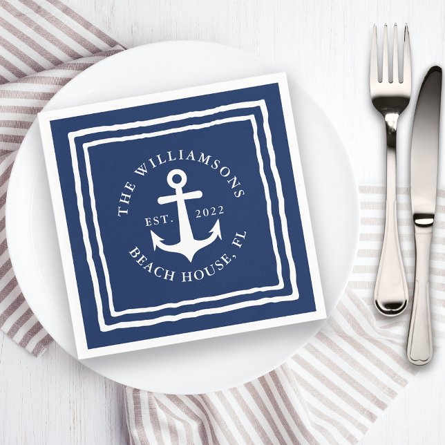 Serviette En Papier Nautical Navy Bleu Blanc Nom de famille Ancre (Créateur téléchargé)
