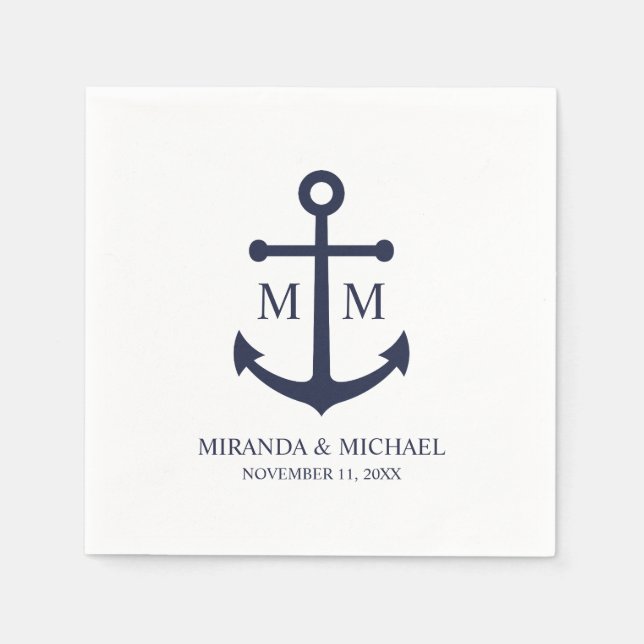 Serviette En Papier Nautical Navy Blue Anchor Wedding (Devant)