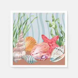 Serviette En Papier Nautical Seashell Blue Watercolor Plage Mariage