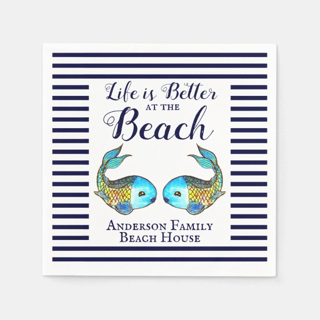 Serviette En Papier Nautique Pêche Bleu et Blanc Famille Plage Party (Devant)