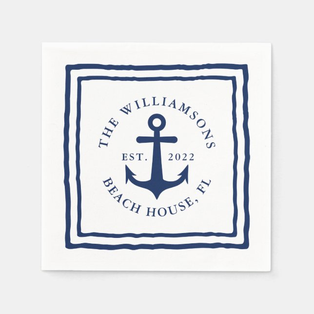 Serviette En Papier Nautique Personnalisé Nom de famille Blanc Marine  (Devant)