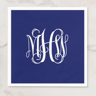 Serviette En Papier Navy Blanc 3 Initiales Vigne Écriture Monogramme D