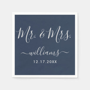 Serviette En Papier Navy Blue et Silver Modern Script M. et Mme.