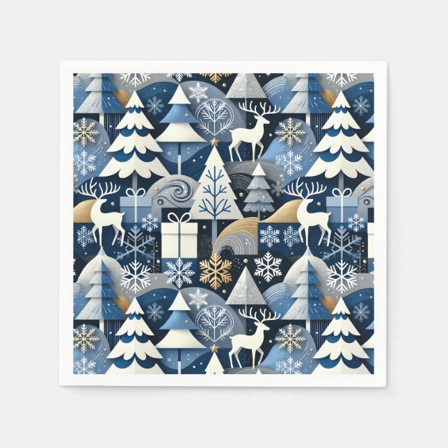 Serviette En Papier Navy Blue Gold Nordic Christmas Forest Pattern (Devant)
