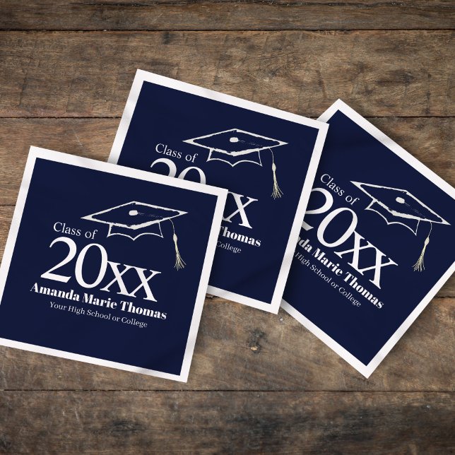 Serviette En Papier Navy Blue Graduation Cap Class of 20XX Name (Elevate your grad party with custom navy blue Class of 20XX napkins.)