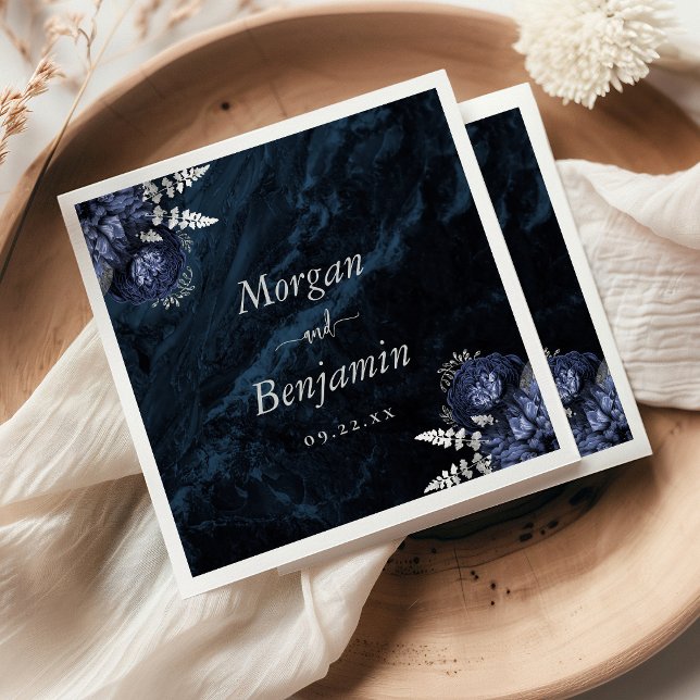 Serviette En Papier Navy Blue Silver Floral Wedding (Créateur téléchargé)