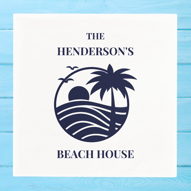 Serviette En Papier Navy Coastal Palm Tree Beach House (Créateur téléchargé)