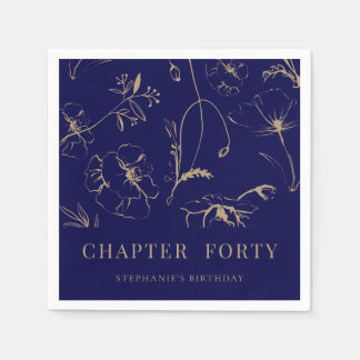 Serviette En Papier Navy et floral doré élégant pour les 40 ans