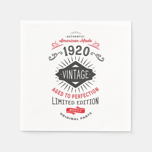 Serviette En Papier Né en 1920 Célébrant le 100e anniversaire en 2020. (Devant)