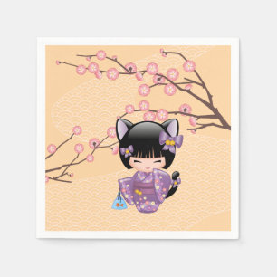 Serviette En Papier Neko Kokeshi Poupée - Cat Ears Geisha Girl