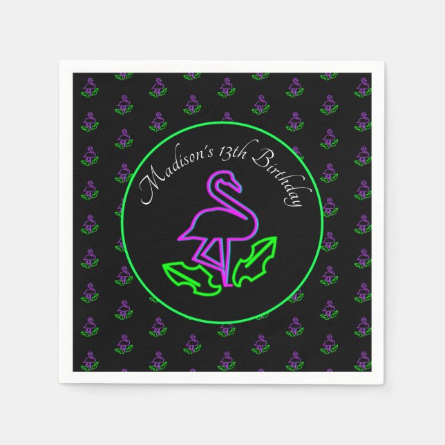 Serviette En Papier Neon Flamant rose Ado Anniversaire Glow Party Trop (Devant)