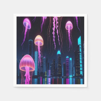 Serviette En Papier Neon Jellyfish Over Cyber City