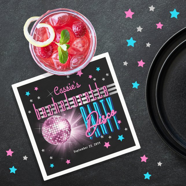 Serviette En Papier Neon Look Disco Ball Party des années 70 Retro (Retro 70's Neon Look Disco Ball Bachelorette Party Cocktail Napkins)