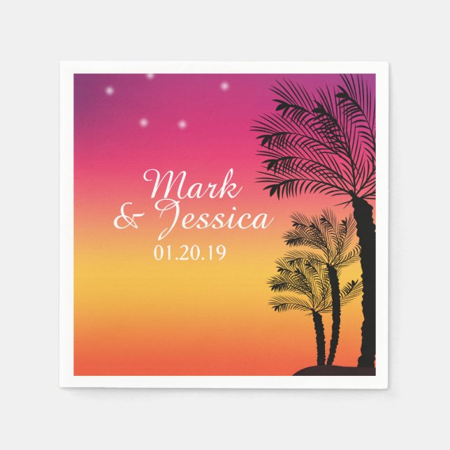 Serviette En Papier Neon Pink Ombre Tropical Tree Sunset Beach (Devant)