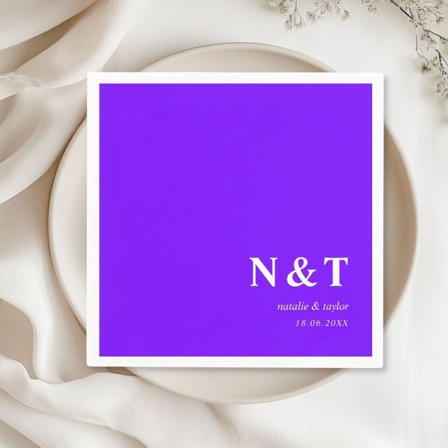 Serviette En Papier Néon-violet monogramme (Monogram, modern, simple, elegant neon-purple napkins, with your names and date.)
