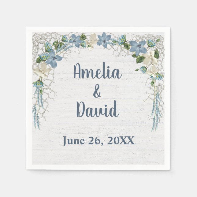 Serviette En Papier Net Nautique mariage Sur Bois Blanchis (Devant)