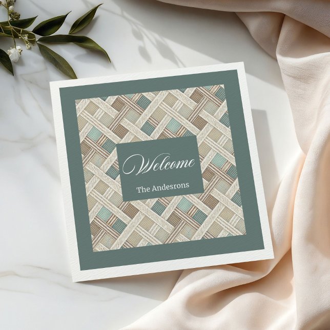 Serviette En Papier Neutral Geometric Green Napkins Custom Name Chic (Neutral Geometric Green Napkins Custom Name Chic)