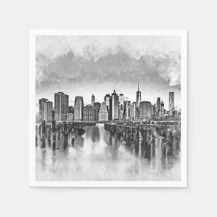 Serviette En Papier New York City Manhattan Skyline - noir et blanc