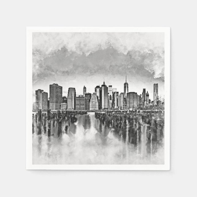 Serviette En Papier New York City Manhattan Skyline - noir et blanc (Devant)