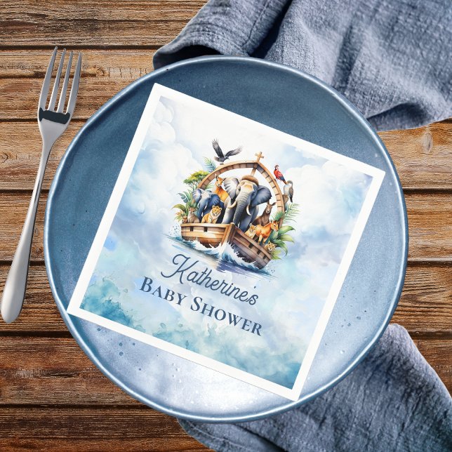 Serviette En Papier Noah's Ark Cute Animals Blue Boy Baby shower (Noah's Ark Cute Animals Boy Baby Shower Paper Napkins)