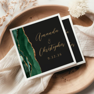 Serviette En Papier Noces Agate Émeraude Vert Or Script Sombre