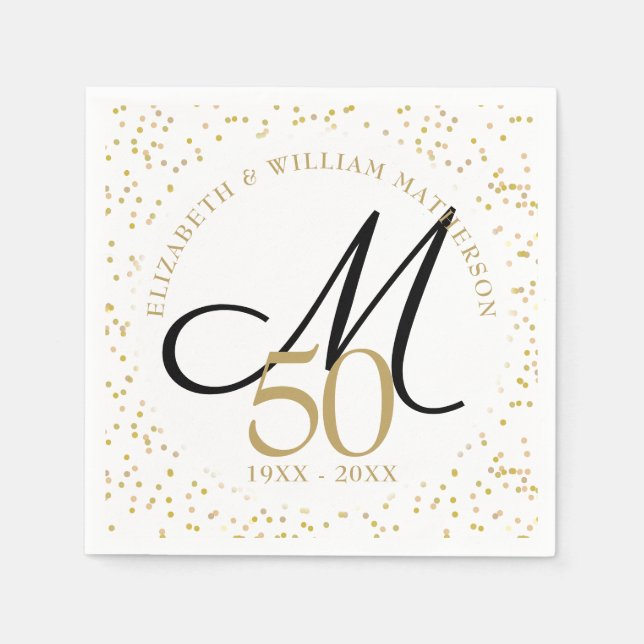 Serviette En Papier Noces d'or avec poussière d'or et monogramme (Devant)