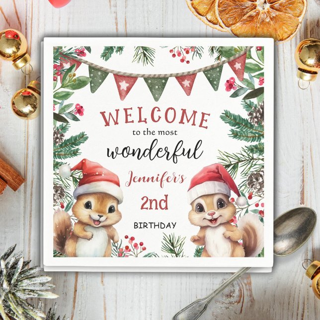 Serviette En Papier Noël 2 Anniversaire mignon écureuil d'hiver (Créateur téléchargé)